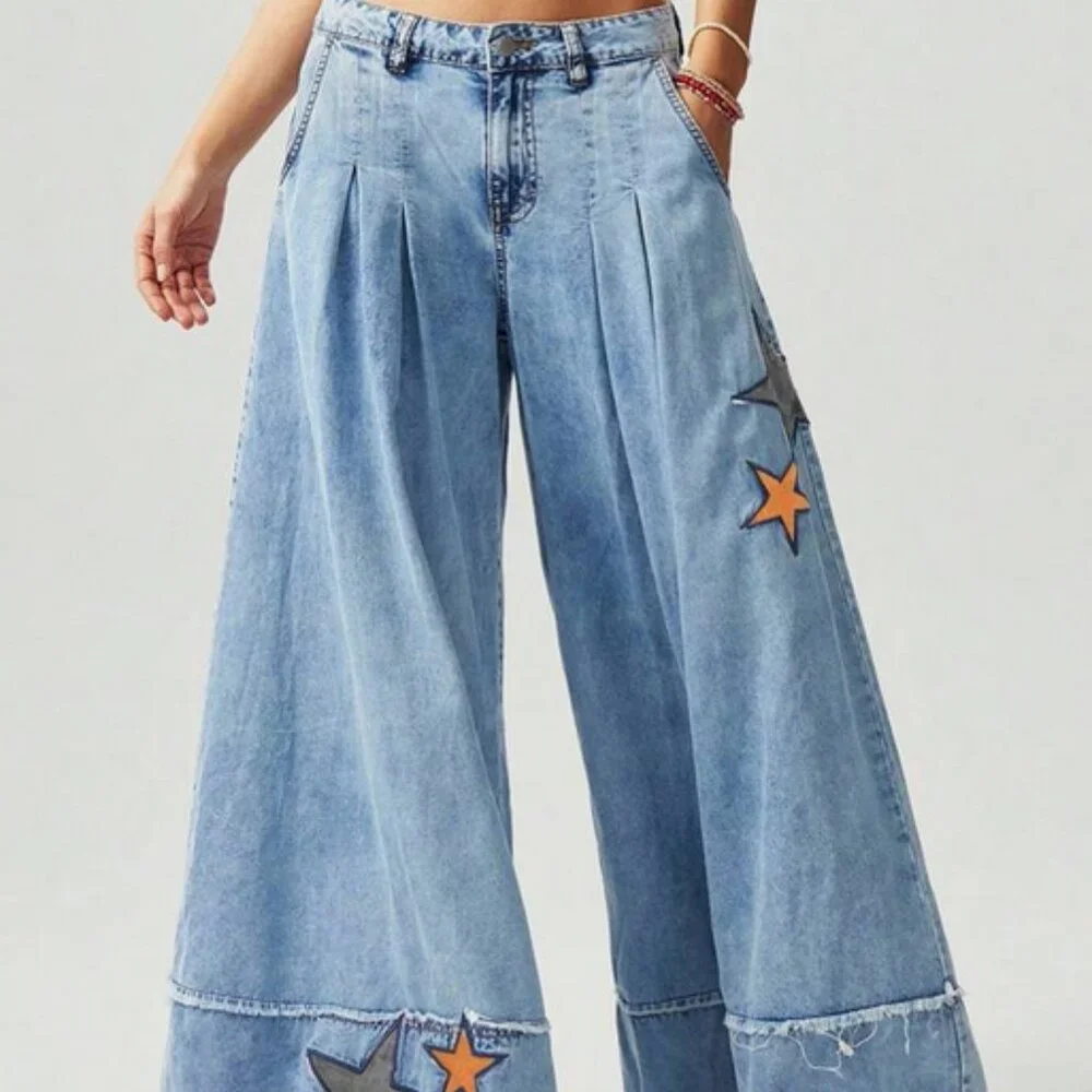 Super Wide Leg Star Patch BOHO Jeans  Size 8 - Picture 5 of 6